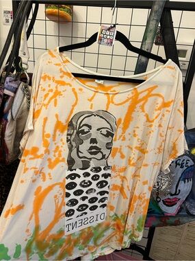 Dissent Graphic Tie-Dye Women's Tee - Orange & Green hand dyed hand printed